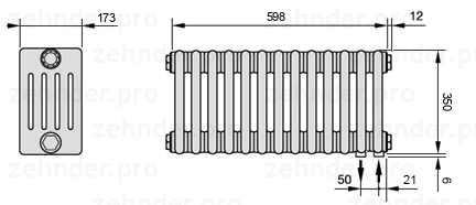 Схема (чертеж) Радиатор Zehnder Charleston 5035/13 №5510 Белый глянцевый RAL 9016